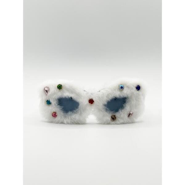 SVNX faux fur cateye sunglasses with multicoloured gems (British brand)