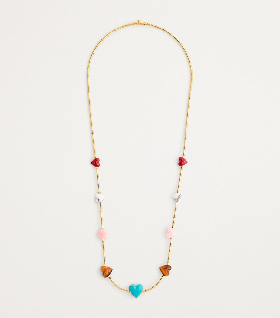 Emily P. Wheeler yellow gold necklace with gemstone hearts, imported from the UK