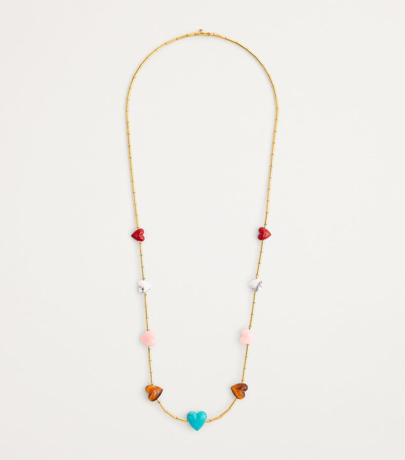 Emily P. Wheeler yellow gold necklace with gemstone hearts, imported from the UK