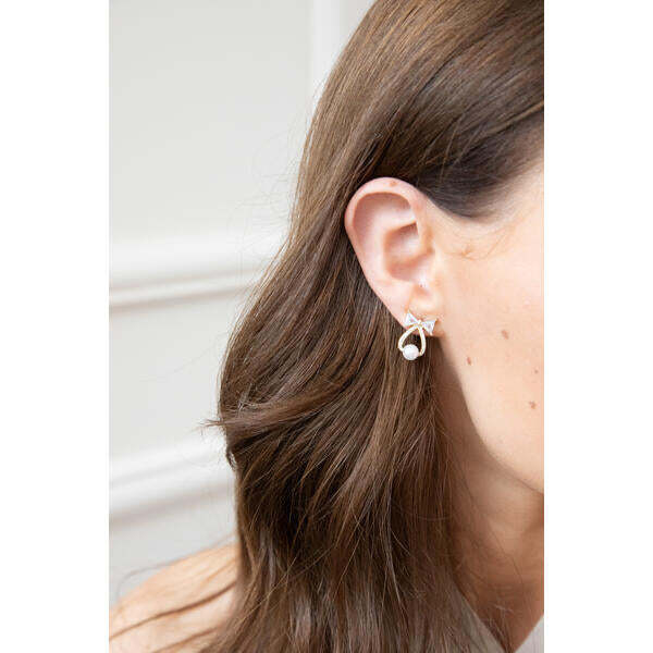 SVNX studded bow earrings with hanging pearl in gold, UK version