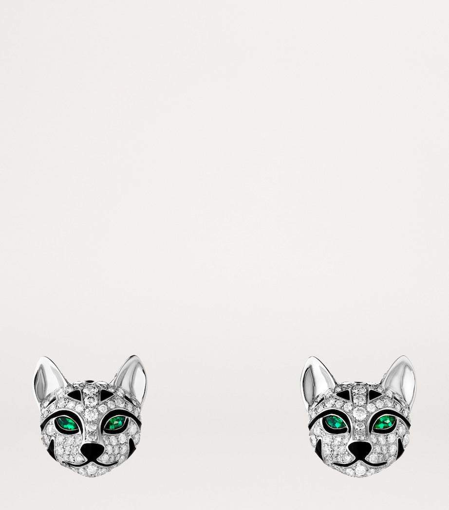 Boucheron cat earrings white gold diamonds emeralds, imported from the UK