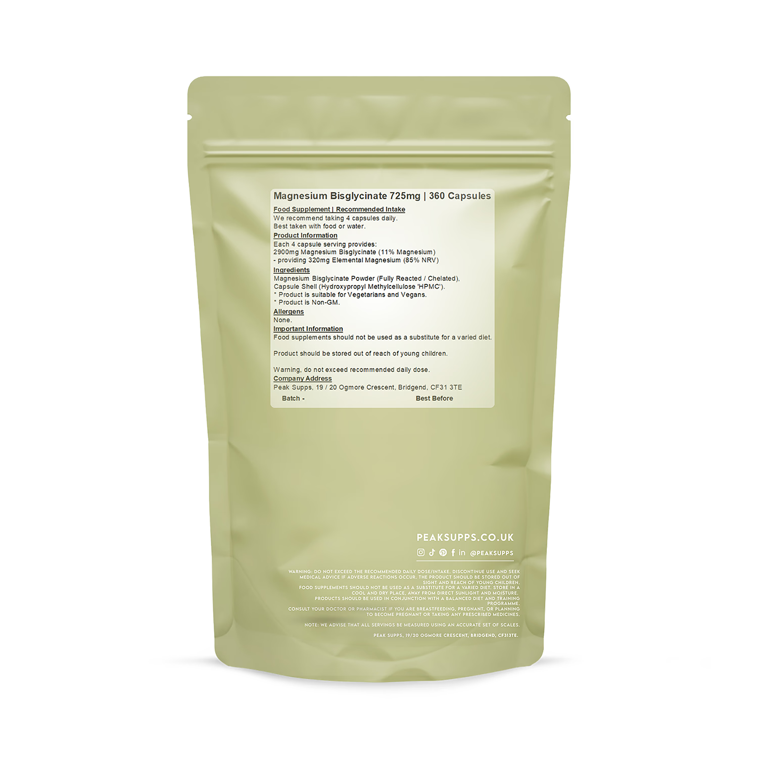 Peak Supps magnesium bisglycinate 725mg 360 capsules (British brand)