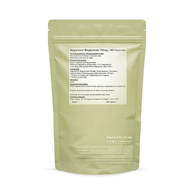Peak Supps magnesium bisglycinate 725mg 360 capsules (British brand)