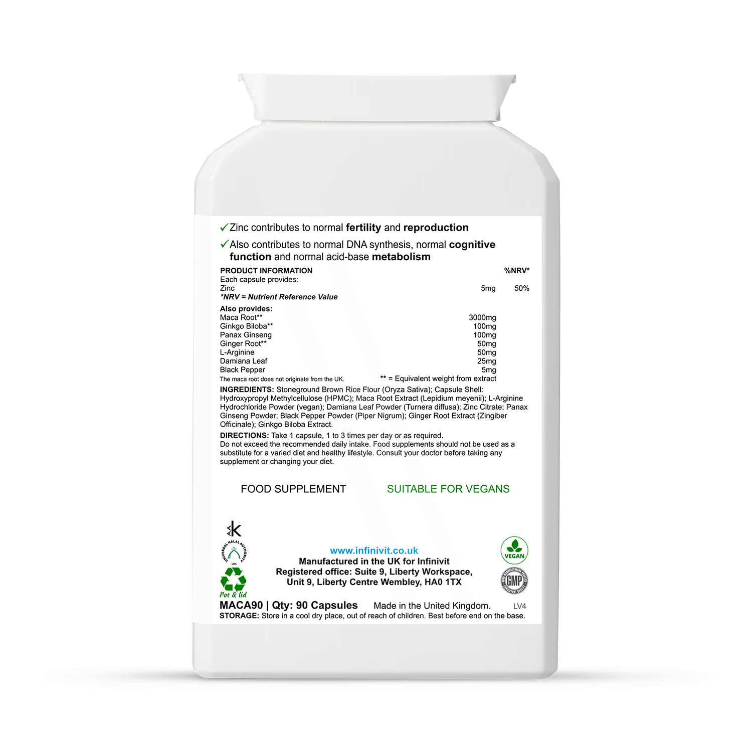 InfiniVit maca advanced formula supplement 90 capsules, UK version