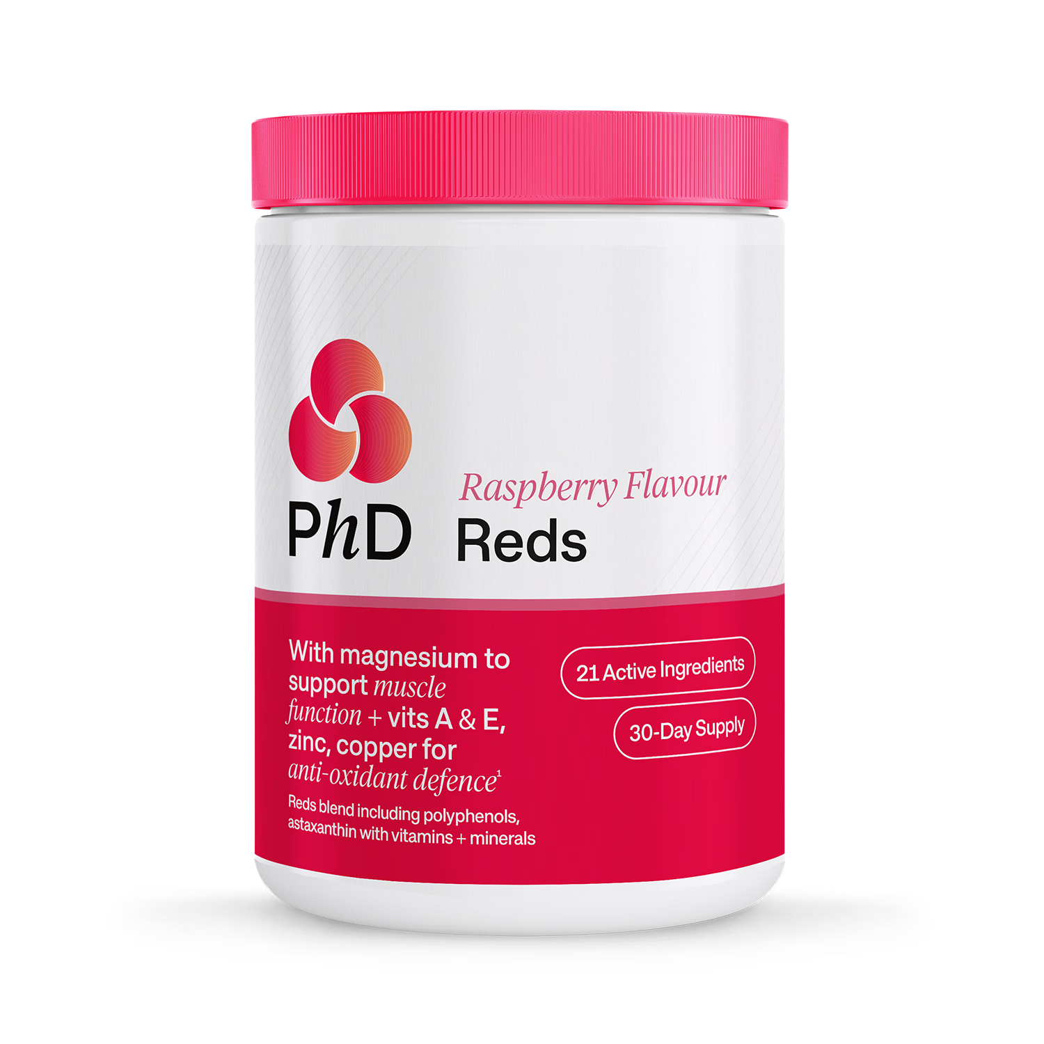 PhD Reds raspberry powder supplement 1000g, imported from the UK