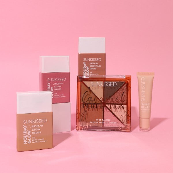 Sunkissed holiday glow gift set including blush bronzer and glow drops - British product