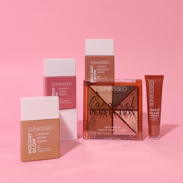 Sunkissed holiday glow gift set including blush bronzer and glow drops - British product