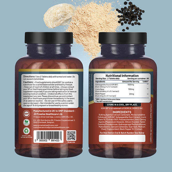 Prowise KSM-66 Ashwagandha and Lions Mane tablets 2200mg, imported from the UK