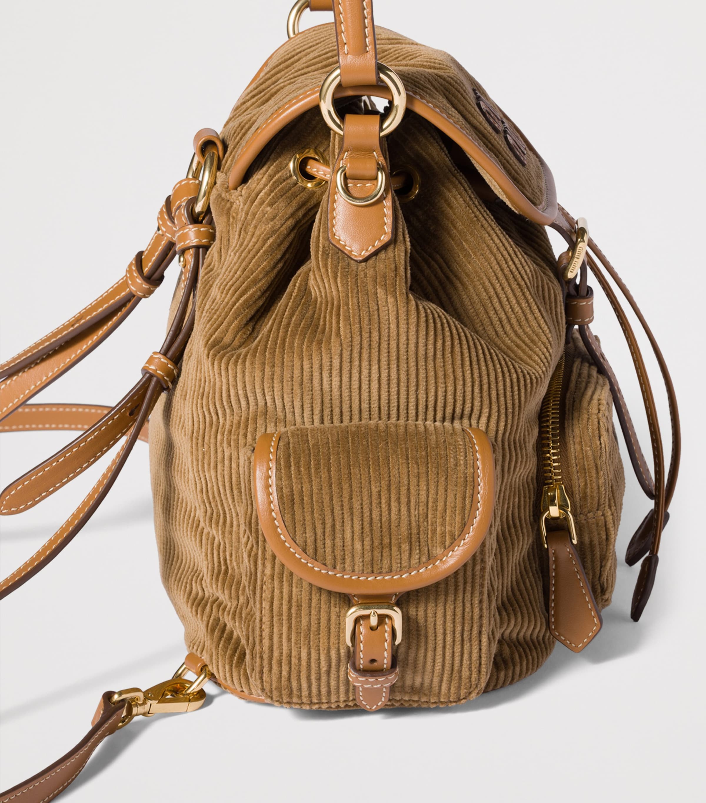 Miu Miu medium corduroy leather-trim backpack, imported from the UK