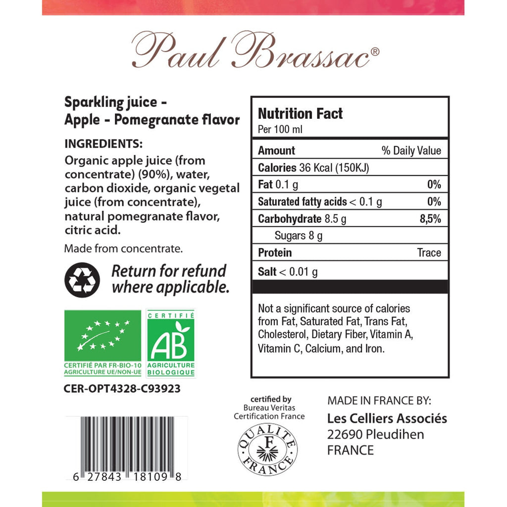 Paul Brassac Organic Sparkling Fruit Juice, 3 x 750ml