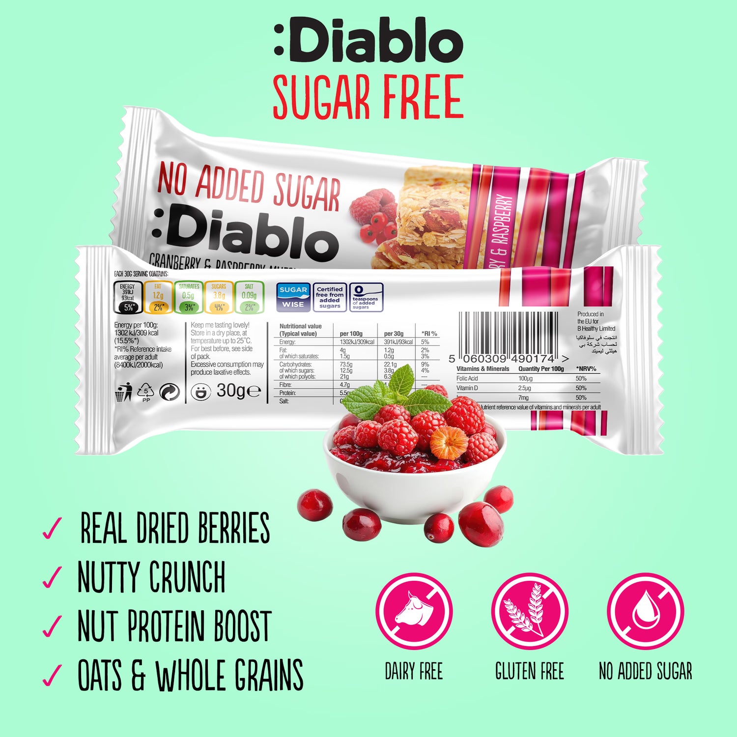 Diablo muesli bar cranberry and raspberry 30g (British brand)