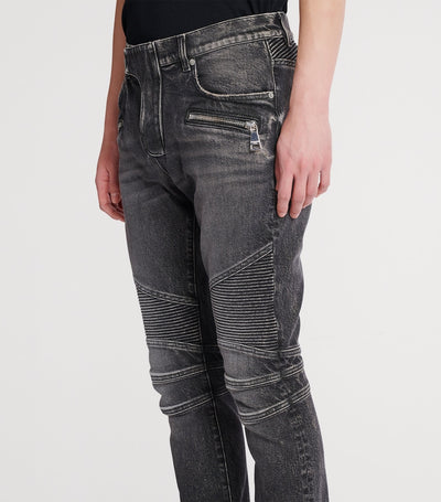 Jeans Denim Délavé Coupe Ajustée avec Zips Horizontaux et Genoux Côtelés