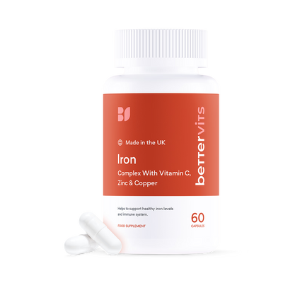 Holland & Barrett Bettervits Iron Complex with Vitamin C, Zinc and Copper Dietary Supplement Capsules, 60 Capsules- Buy online at McGrocer