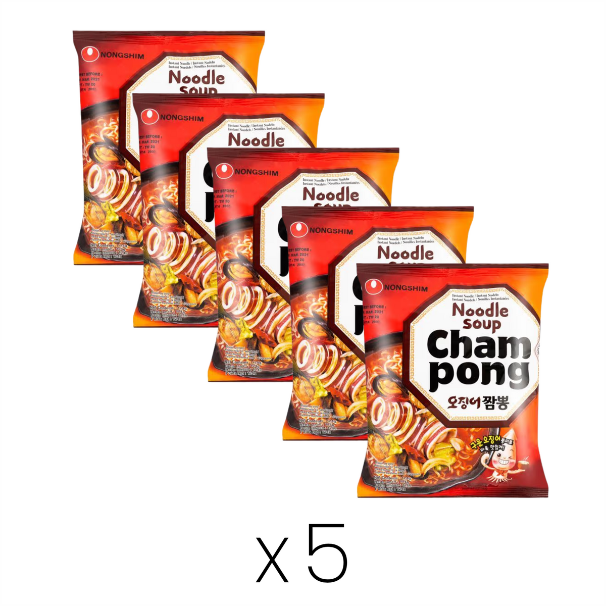 Nongshim Champong hot and spicy seafood noodle bundle of 5, UK version
