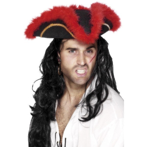 Smiffys pirate tricorn hat red feather (British brand)