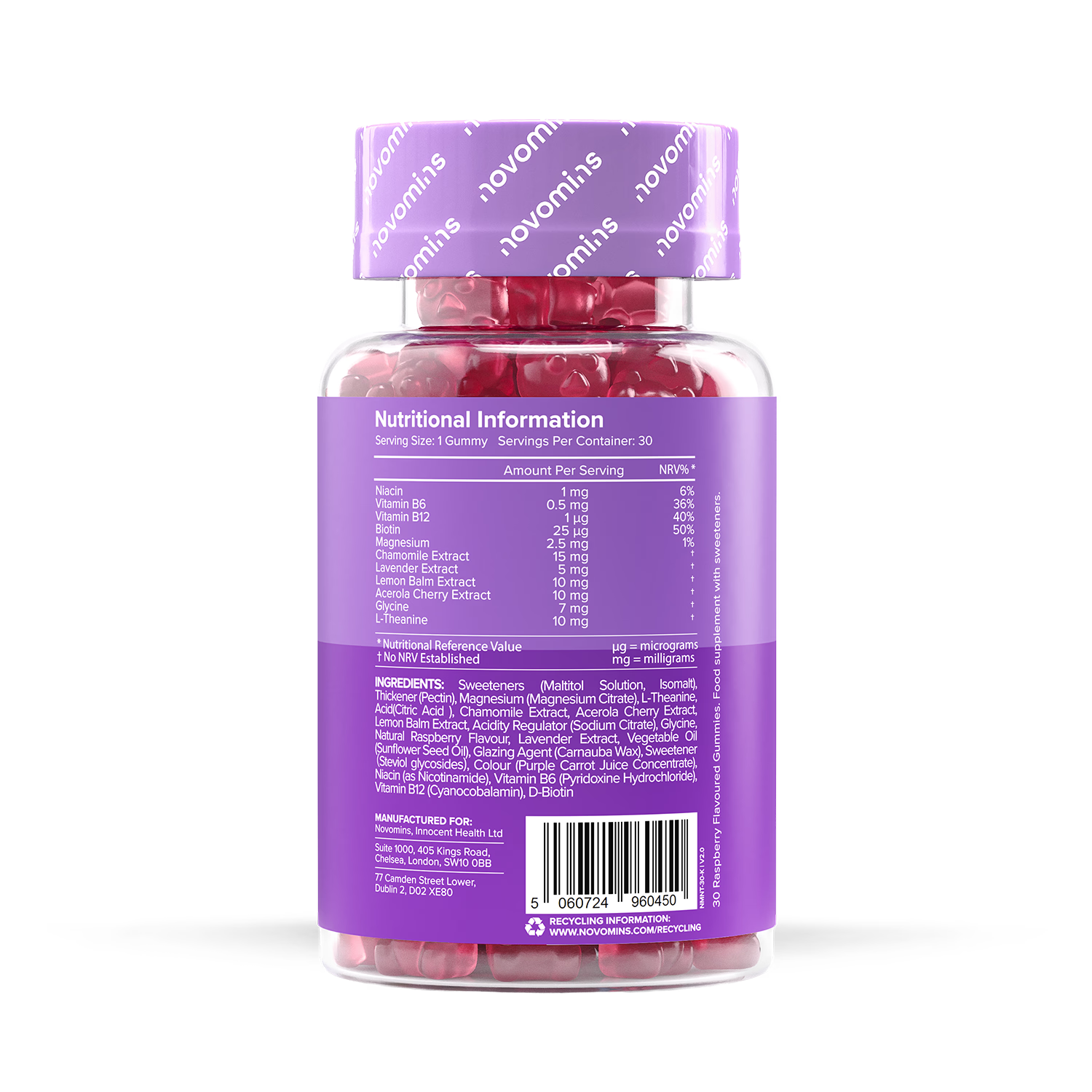 Novomins Night-Time Raspberry Gummies 30 Pack, imported from the UK