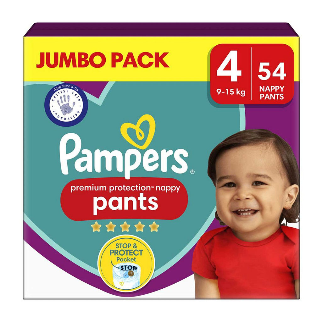 Pampers Premium Protection Nappy Pants Size 4, 54 Nappies, 9kg - 15kg, Jumbo+ Pack