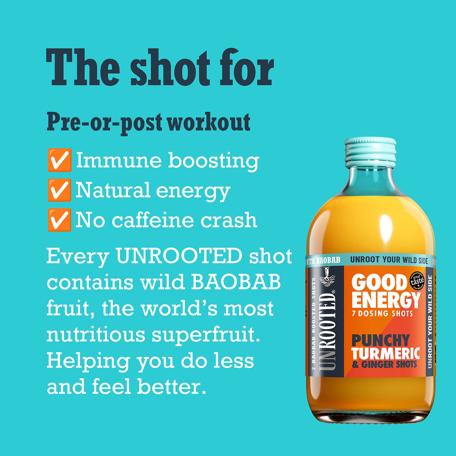 Unrooted energy dosing bottle Punchy Turmeric & Ginger 420ml, imported from the UK
