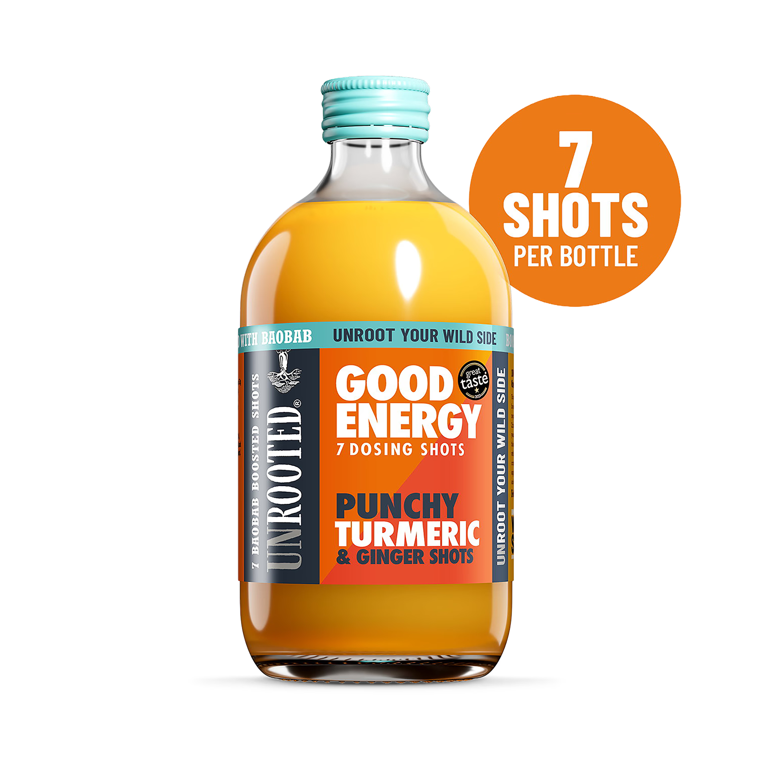 Unrooted energy dosing bottle Punchy Turmeric & Ginger 420ml, imported from the UK