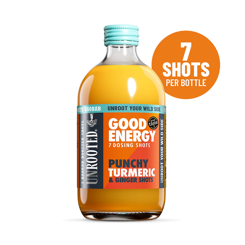 Unrooted energy dosing bottle Punchy Turmeric & Ginger 420ml, imported from the UK