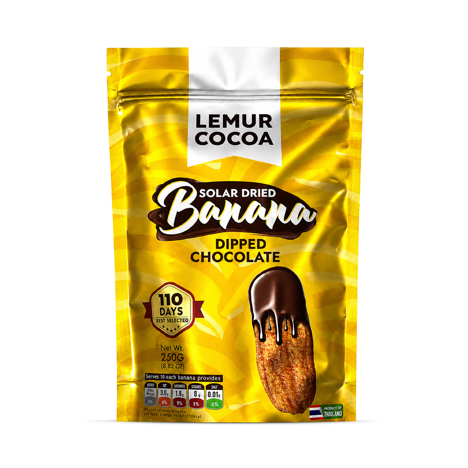 Banana snack coated in Belgian dark chocolate 250g, UK version
