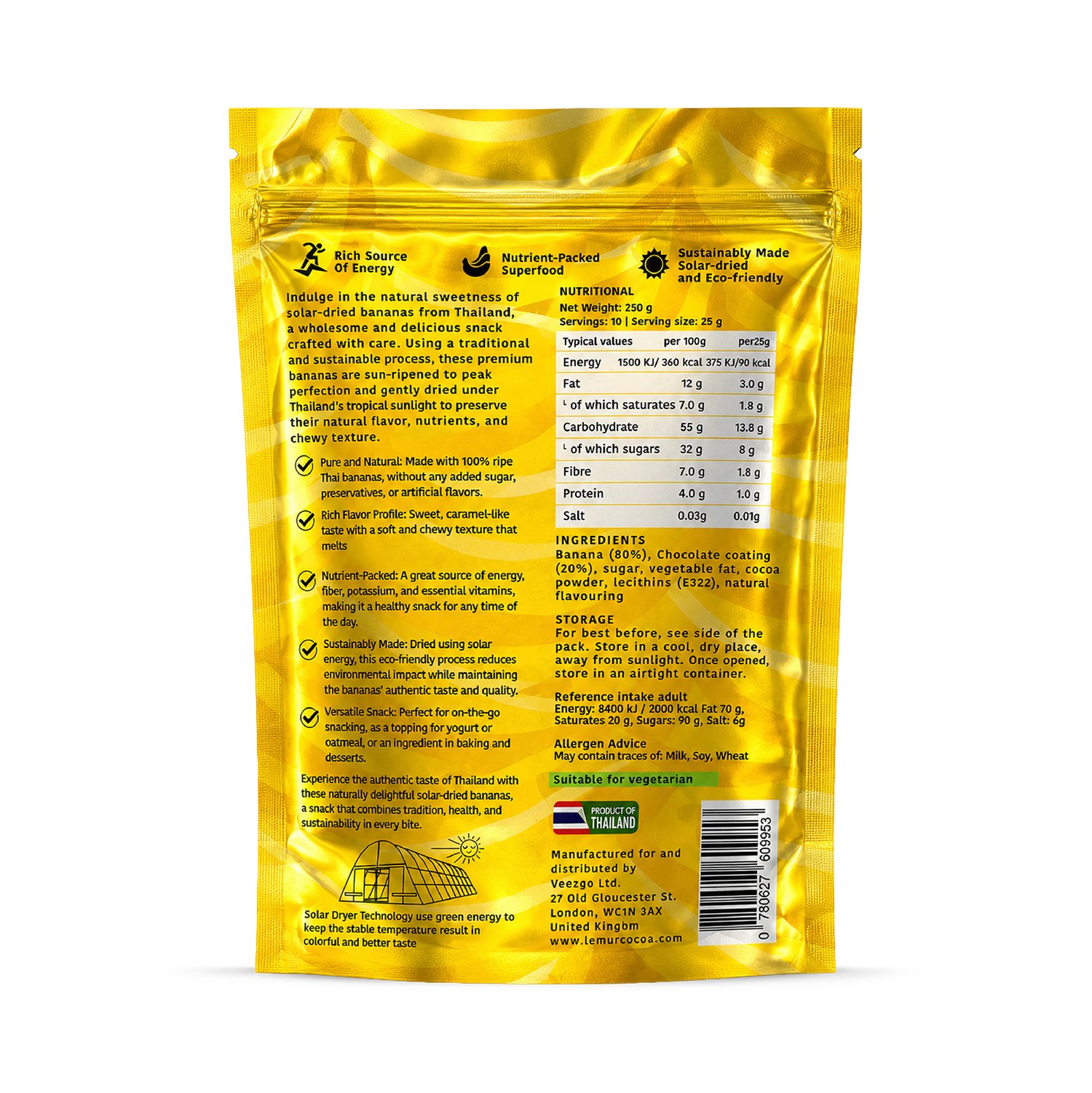 Banana snack coated in Belgian dark chocolate 250g, UK version