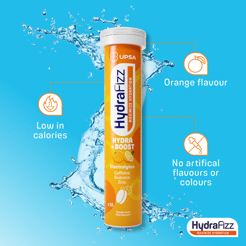 Hydrafizz Hydra + Boost effervescent supplement orange flavour, imported from the UK