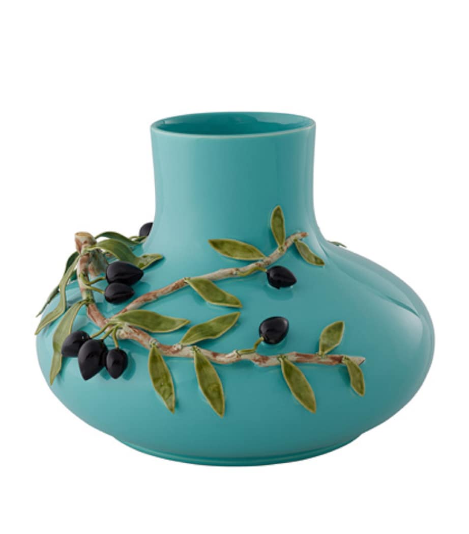 Hand-Painted Earthenware Vase with Olive Motifs, 22.5cm Height, 6.1L Capacity