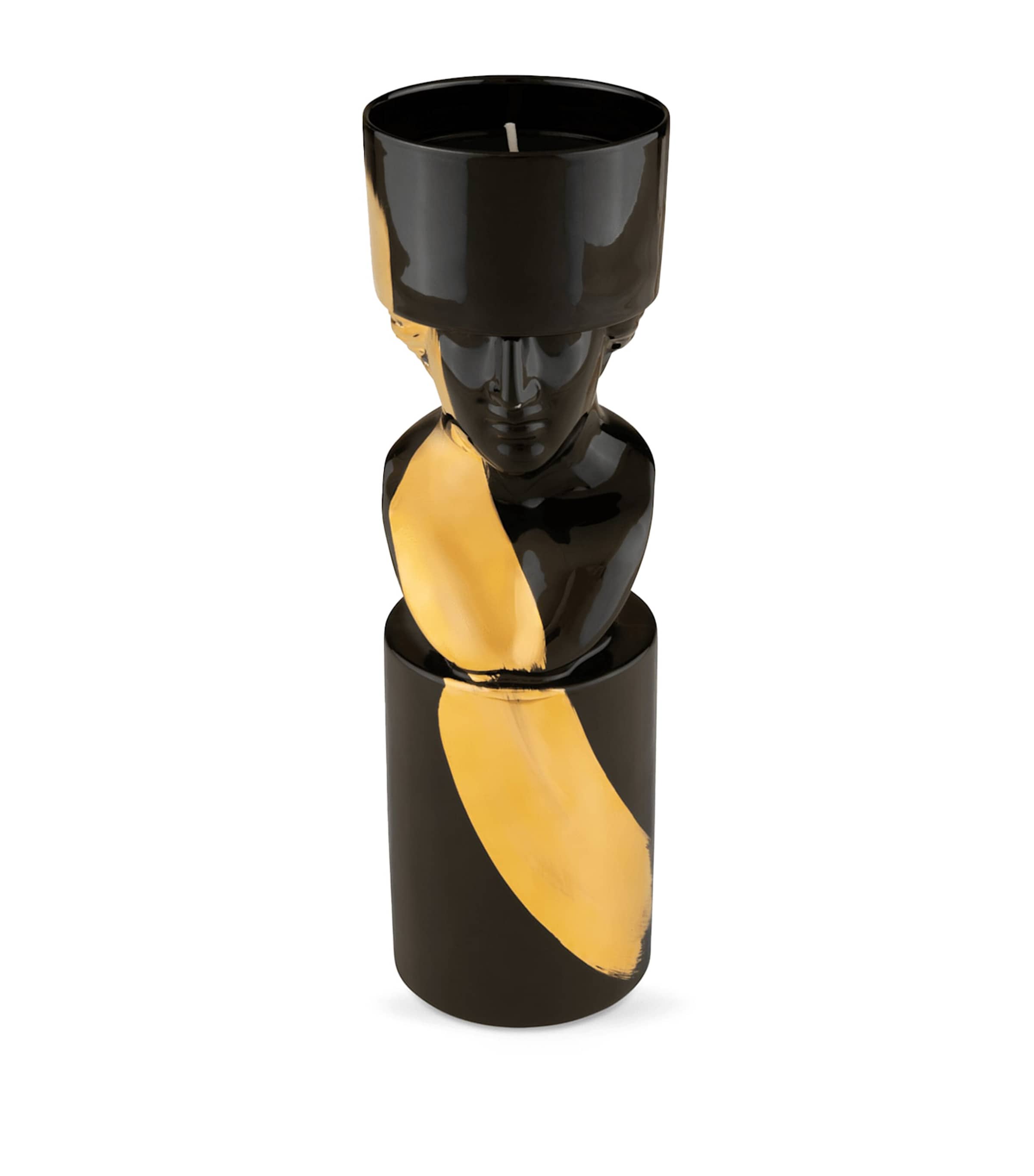 GINORI 1735 porcelain candle holder in black with gold-tone streak, UK version