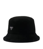 Prada shearling bucket hat with iconic Triangle logo, imported from the UK