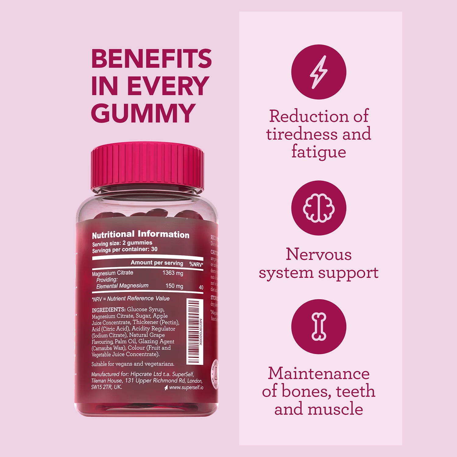 SuperSelf magnesium grape flavour gummies 150mg 60 count, UK version