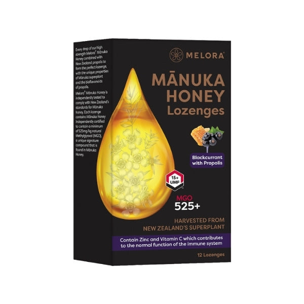 Melora Manuka honey propolis lozenges blackcurrant 12 pack, imported from the UK