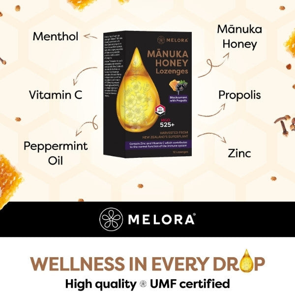 Melora Manuka honey propolis lozenges blackcurrant 12 pack, imported from the UK