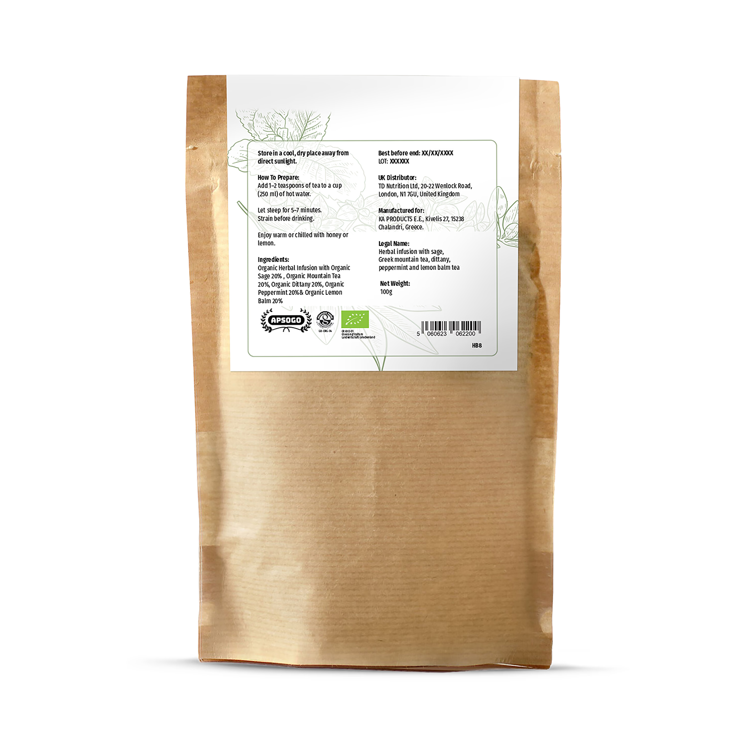 APSOGO organic herbal tea loose leaf 100g, imported from the UK
