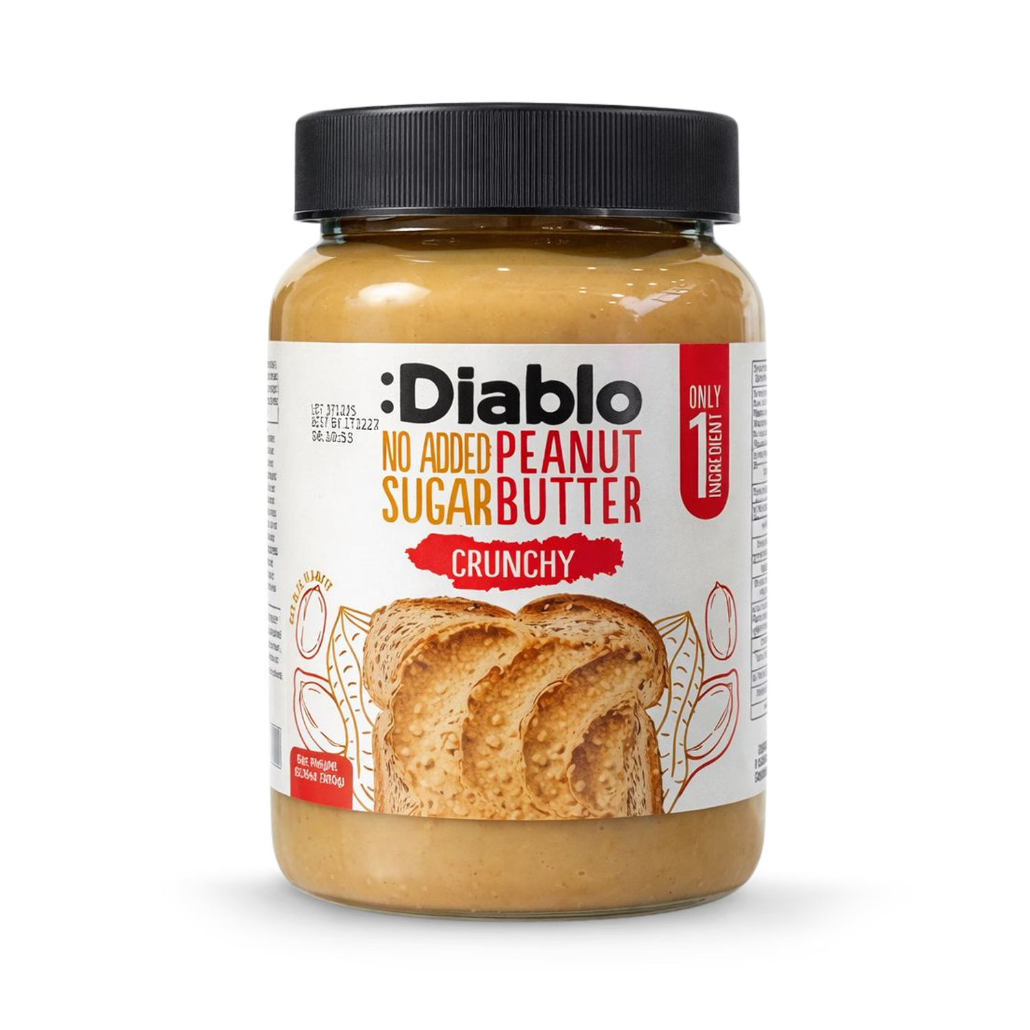 Diablo No Added Sugar Crunchy Peanut Butter 350g, imported from the UK