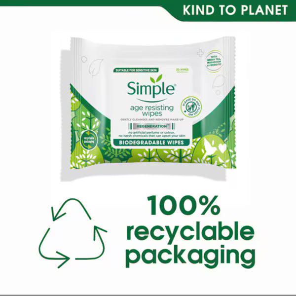 Simple Age Resisting Biodegradable Facial Wipes 20 Pack (British brand)