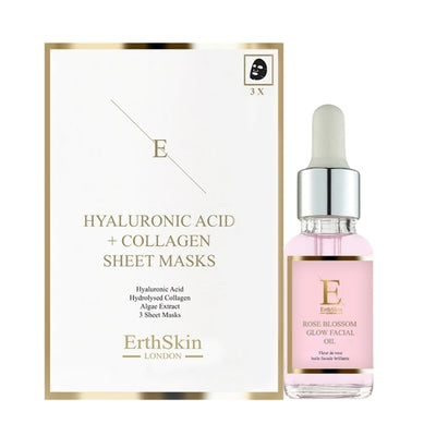 Superdrug Erth Skin London Rose Blossom Glow Facial Oil 30ml and Hyaluronic Acid & Collagen Masks (3 Pack) Skincare Set- Buy online at McGrocer