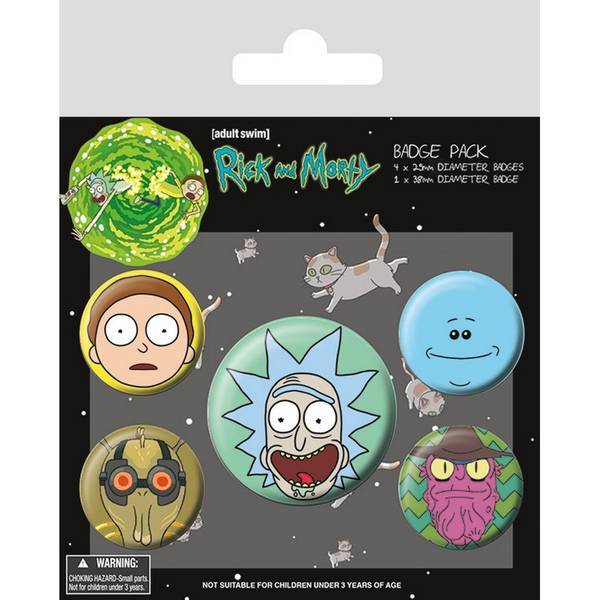 Rick and Morty heads badge set pack of 5 UK version