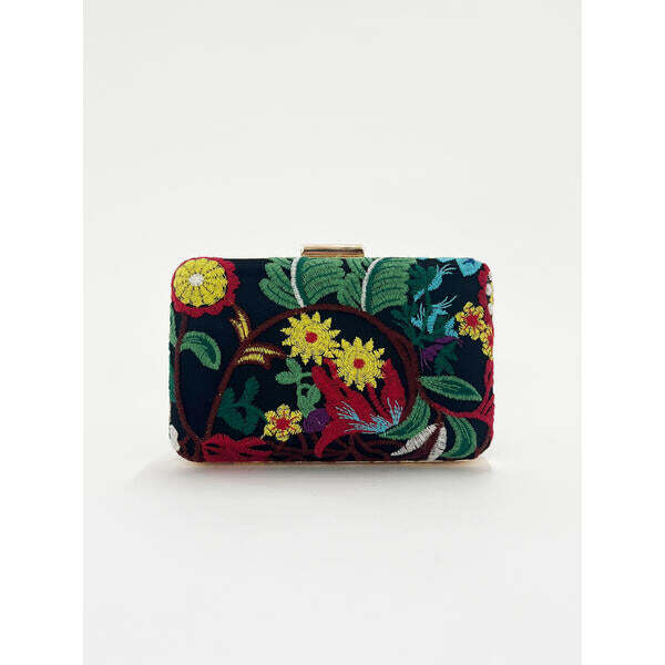 SVNX square clutch with multicoloured embroidered florals (British brand)