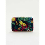 SVNX square clutch with multicoloured embroidered florals (British brand)