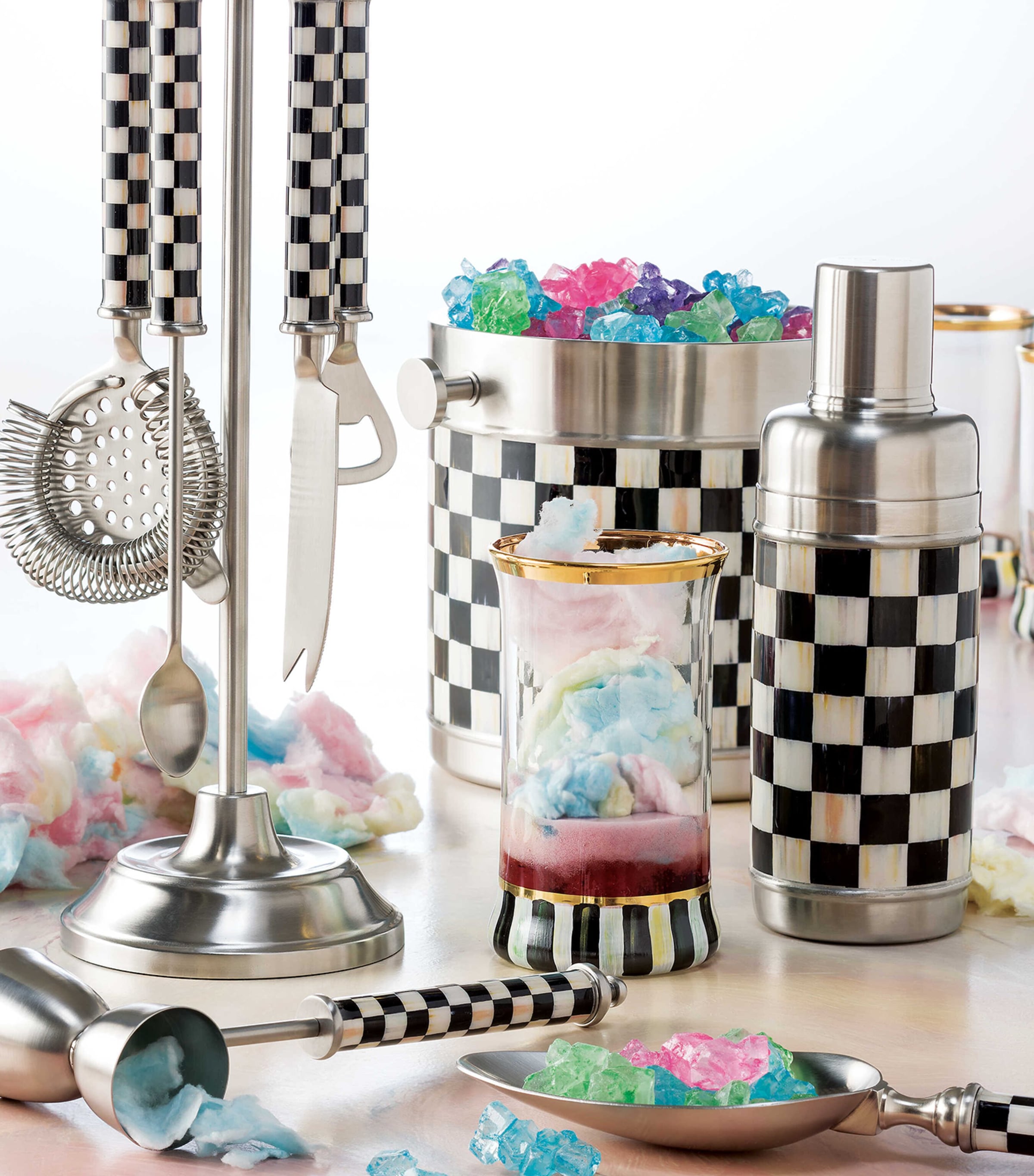 MacKenzie-Childs Courtly Check cocktail shaker, imported from the UK
