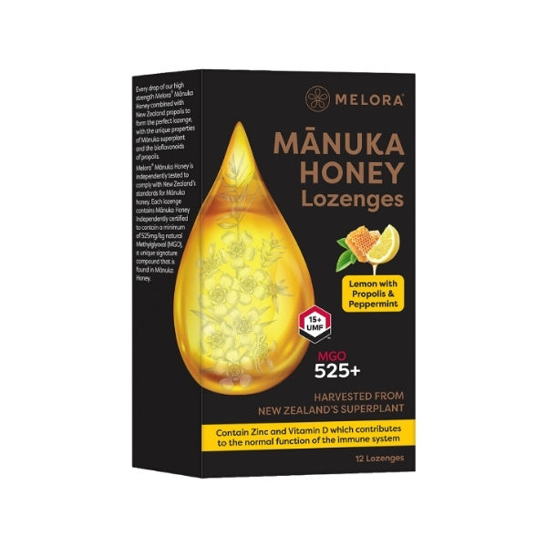 Melora Manuka Honey Lozenges Lemon Peppermint 12 pack, imported from the UK