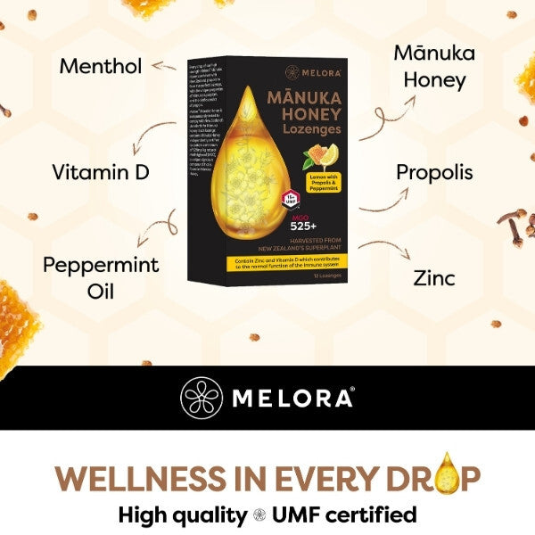 Melora Manuka Honey Lozenges Lemon Peppermint 12 pack, imported from the UK