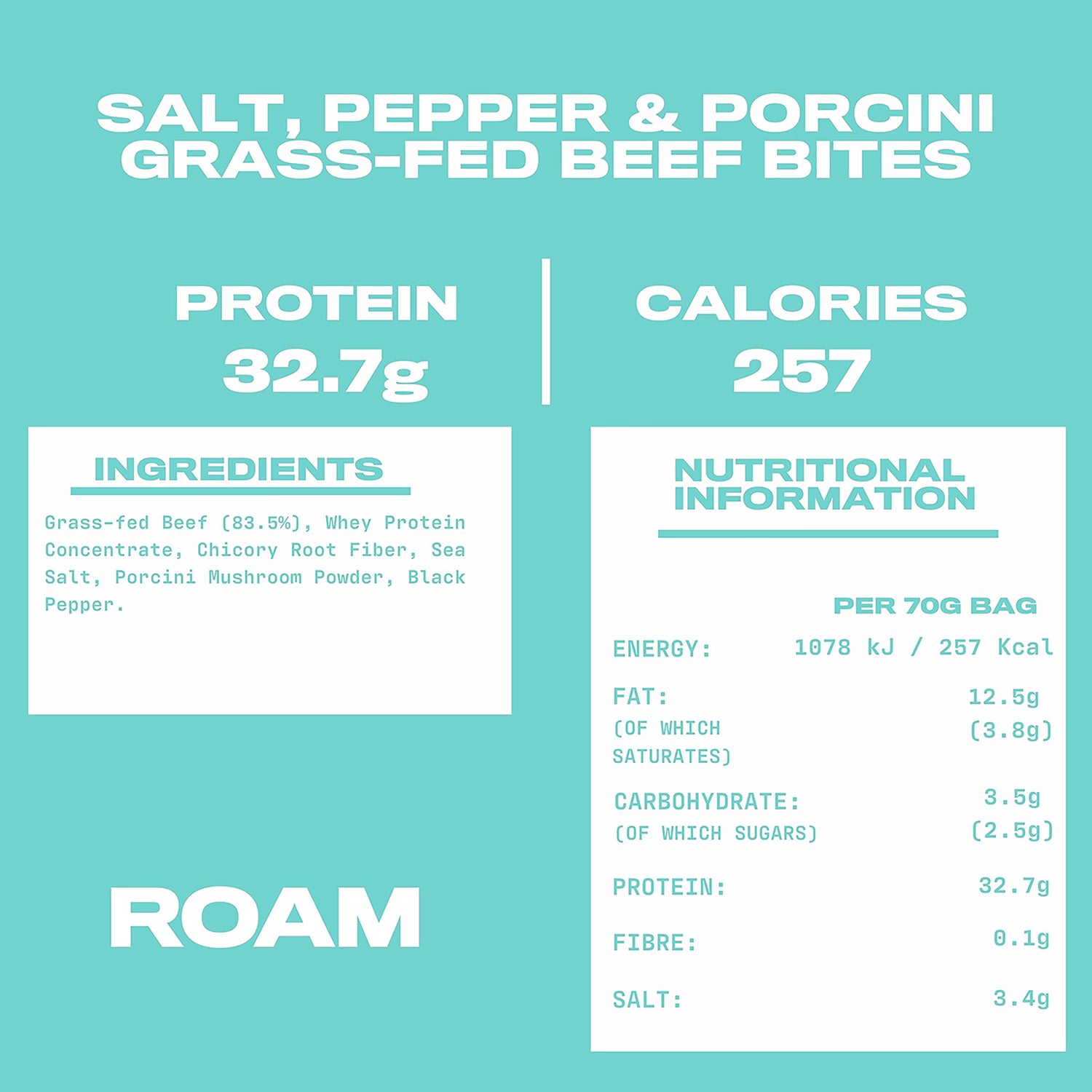 ROAM salt and pepper grass-fed beef bites 70g sharing bag (British brand)