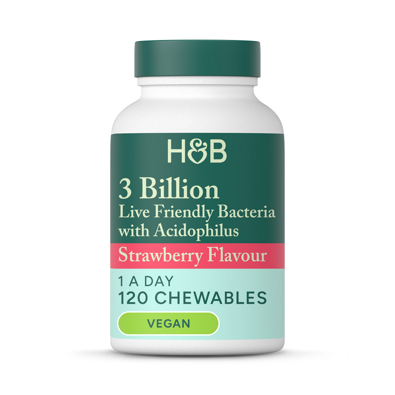 Holland & Barrett chewable Acidophilus Strawberry probiotic 120 tablets, UK version