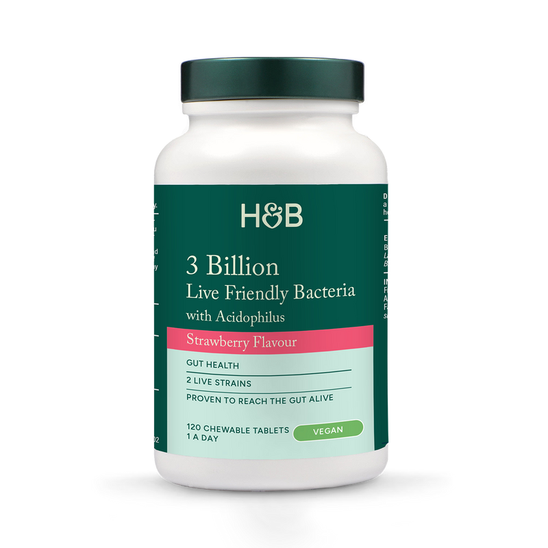 Holland & Barrett chewable Acidophilus Strawberry probiotic 120 tablets, UK version