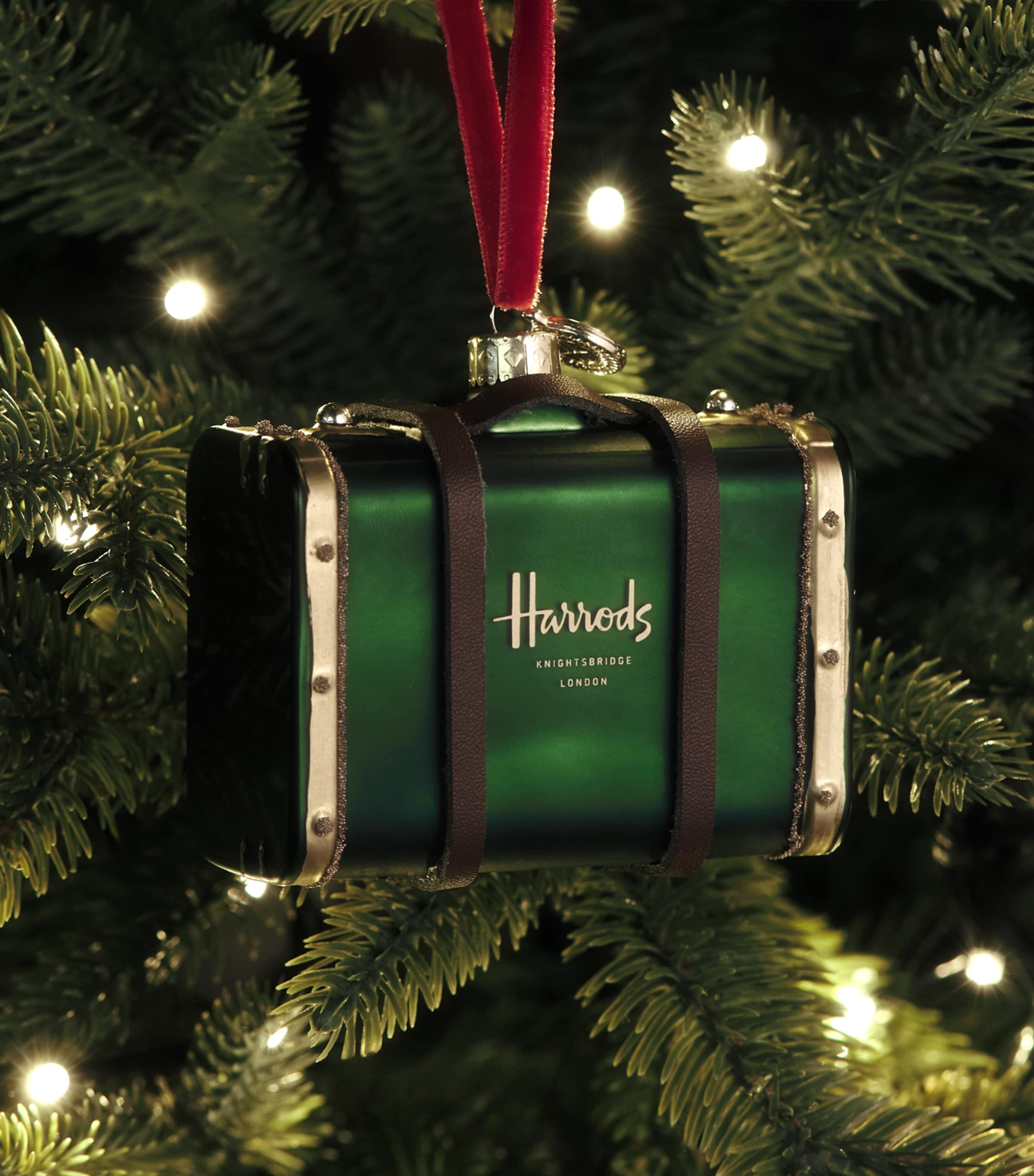 Harrods handcrafted glass suitcase tree decoration (British brand)
