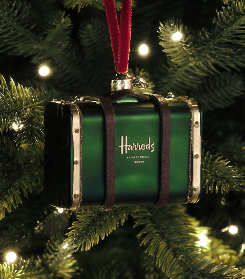 Harrods handcrafted glass suitcase tree decoration (British brand)