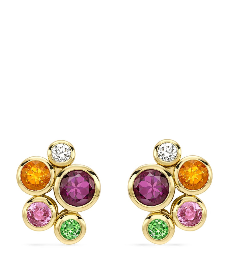 Boodles Raindance yellow gold diamond multicoloured gemstone earrings, imported from the UK