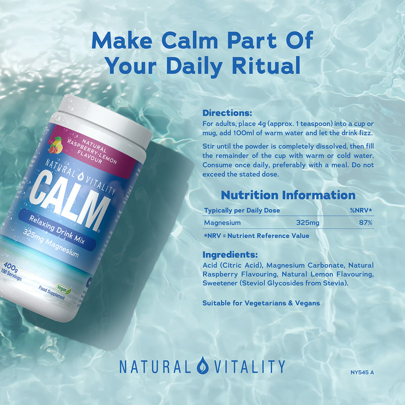Natural Vitality Calm drink mix raspberry lemon 400g, imported from the UK